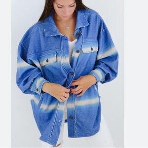 Free People Womens Printed Ruby Jacket in Deep Sea Combo Shacket Size Me…